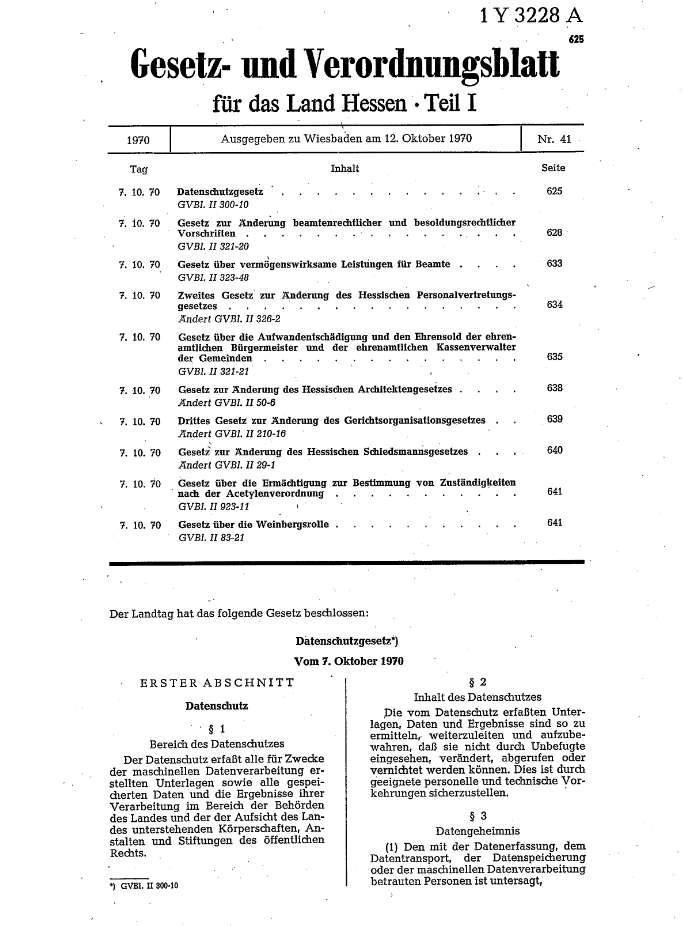 Erste Seite des hessischen Datenschutzgesetzes