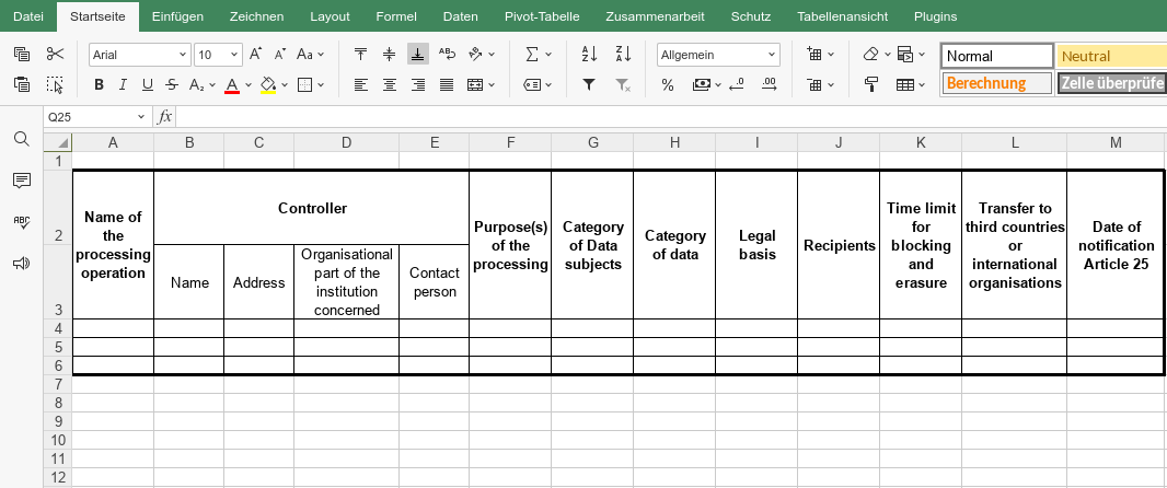 Screenshot of an Excel File used as an activities register